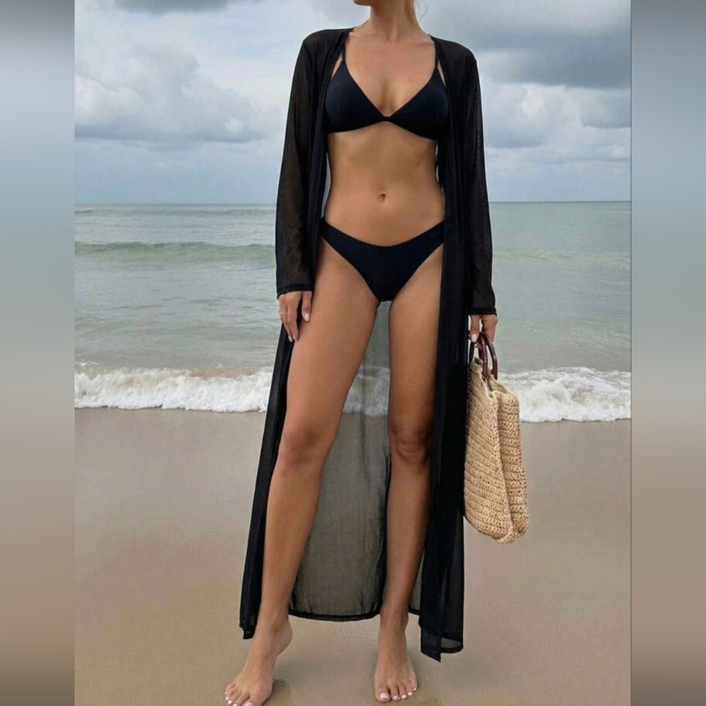 Shein Long Swim Vcay Summer Beach Solid Sheer Kimono